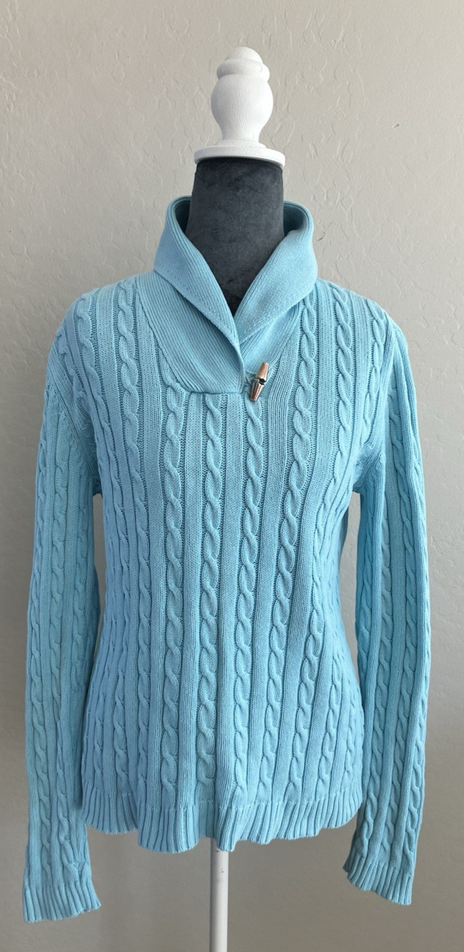 RALPH LAUREN Sweater Cable Knit Shawl Collar Blue Preppy Medium Cotton Damaged
